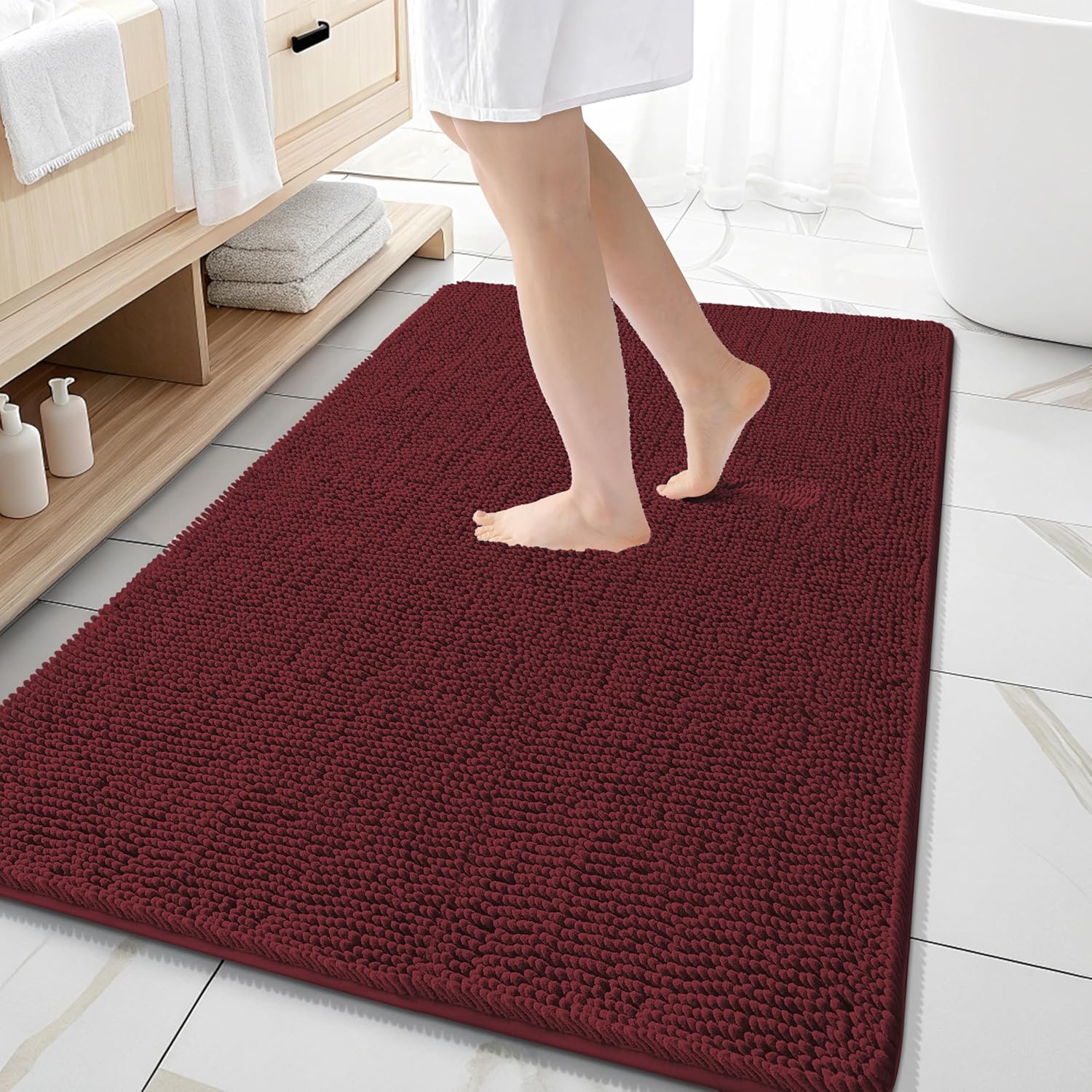 OLANLY Large Bathroom Rugs - Soft Absorbent Chenille Bath Mats | Quick Dry, Machine Washable, 59x35 in Andorra Red-Brown