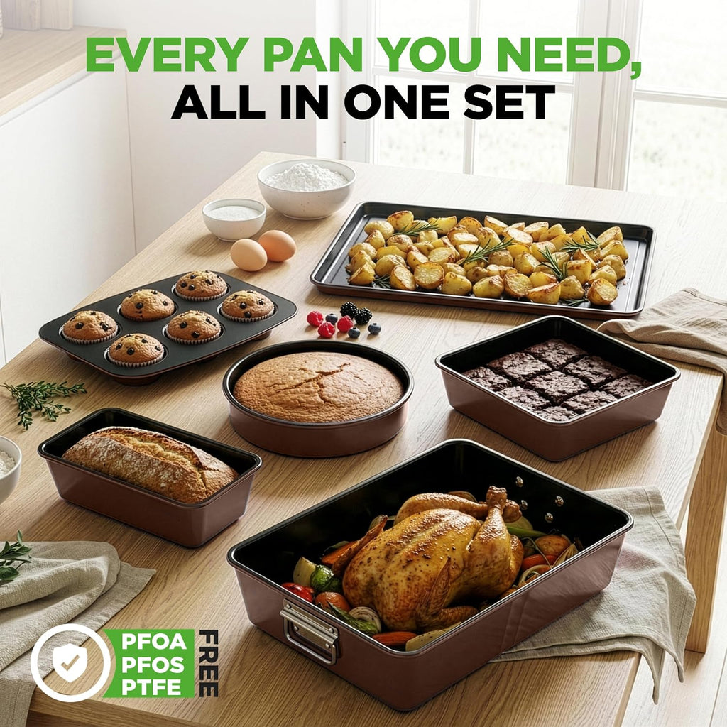 NutriChef 8-Piece Nonstick Bakeware Set - PFOA-Free, Oven Safe Up to 450°F | Round, Loaf, Muffin & Cookie Pans (Brown)