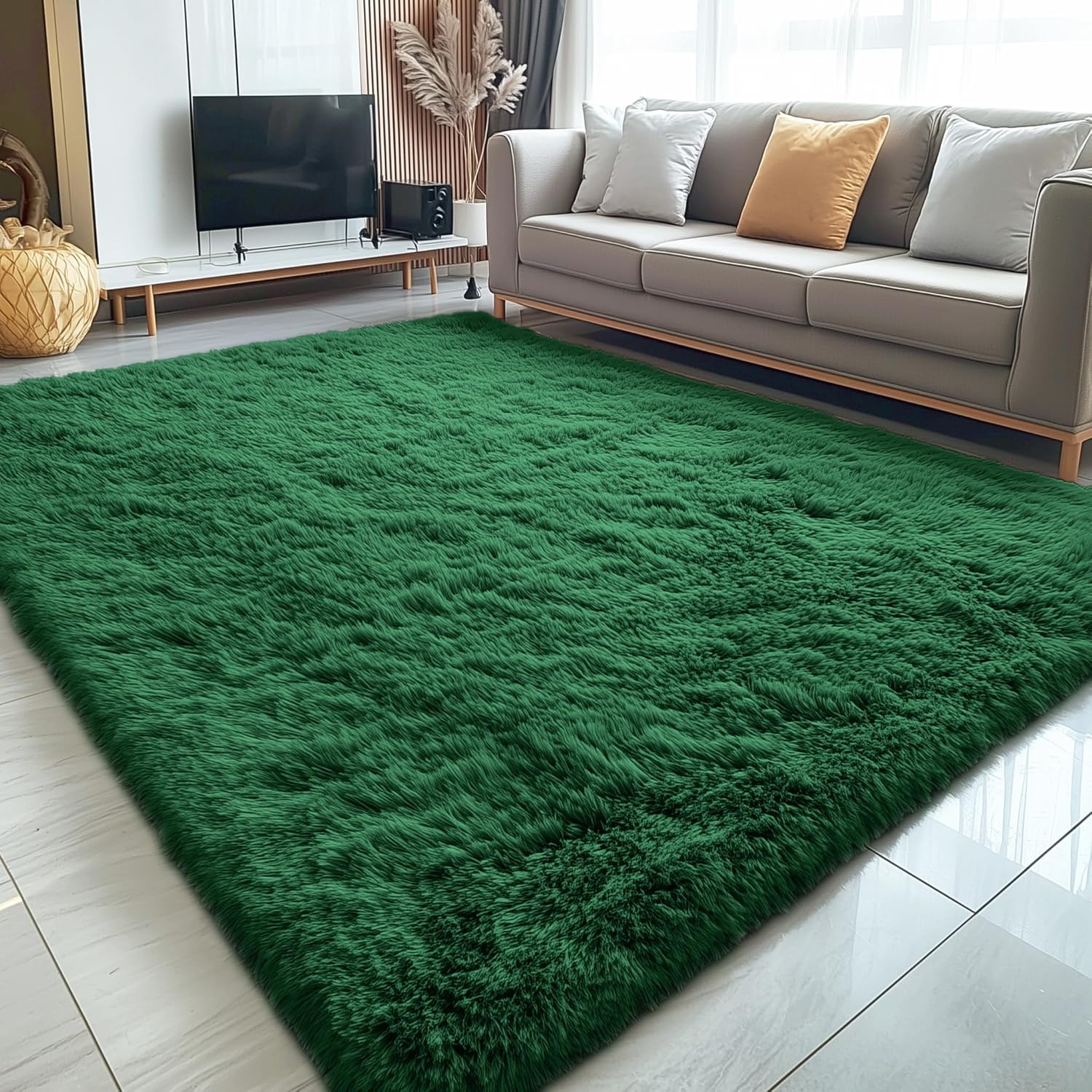 OLANLY Large Area Rug - Soft Fluffy Shaggy Carpet for Living Room & Bedroom | 5x8 Dark Green