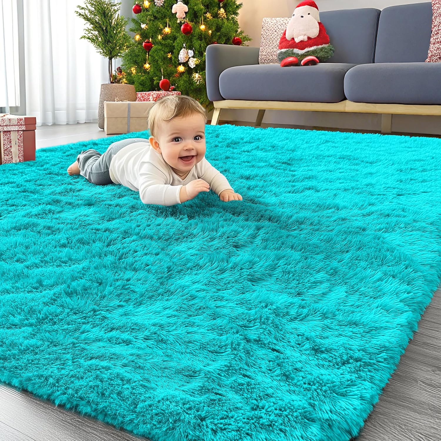 OLANLY Area Rug - Soft Fluffy Shaggy Carpet for Living Room & Bedroom - Machine Washable 4x5.9 ft, Teal Blue
