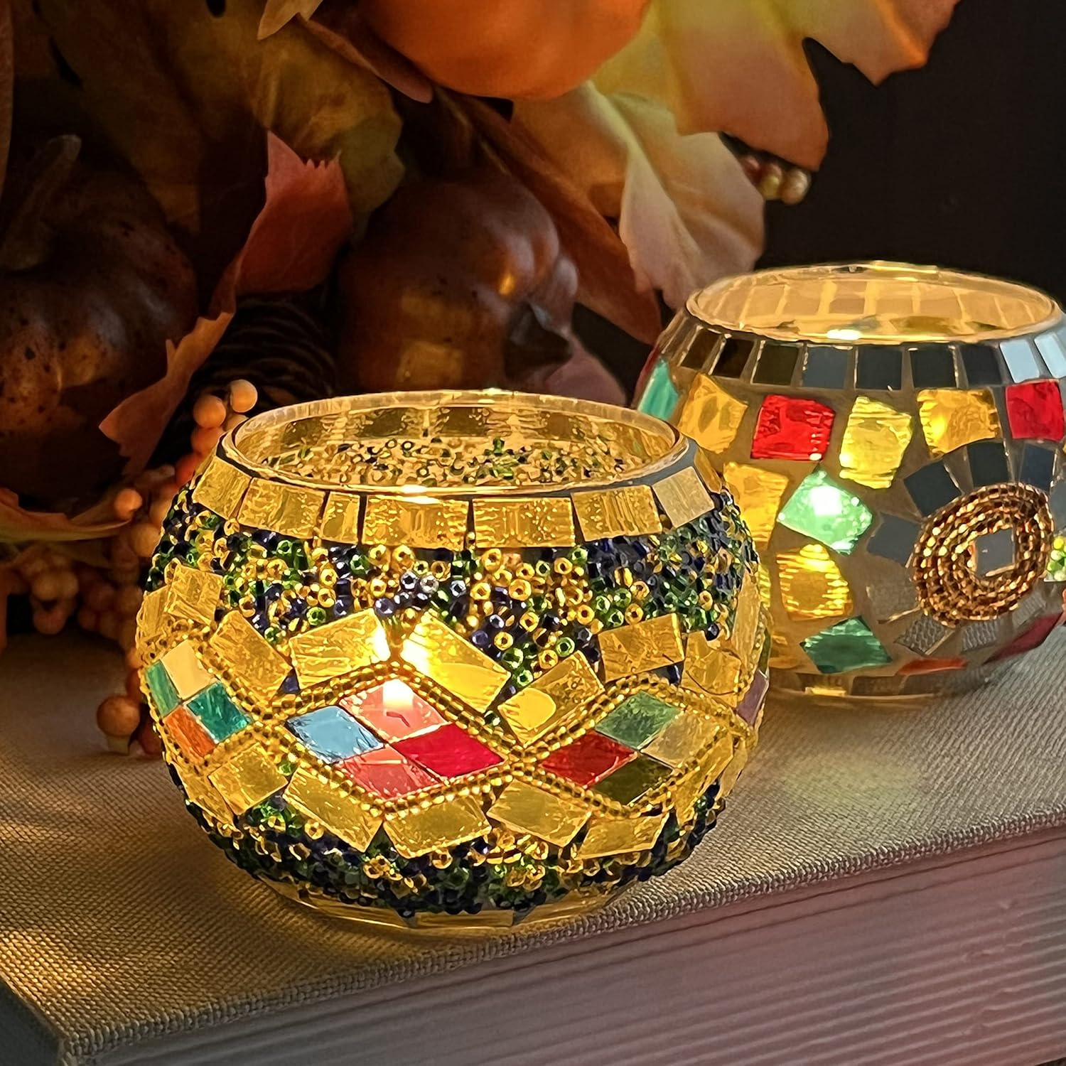 SHMILMH Glass Candle Holder Set - Handmade Mosaic Tealight Holders for Diwali & Christmas | Set of 4