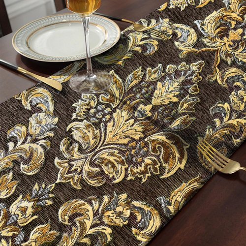 Embroidered Dark Brown Table Runners 120" Boho Thick Chenille Gold Floral Pattern for Party Decor