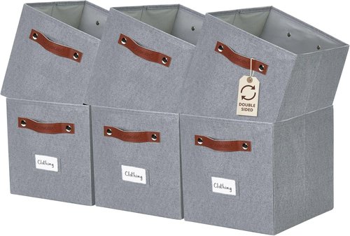 DECOMOMO Storage Bins - Cube Storage Bins with Labels, Fabric Design for Shelves | 11" | 6-Pack, Texture Grey