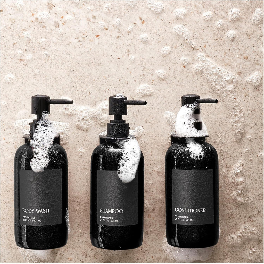 Stylish Shampoo & Conditioner Dispenser Set - Modern 21oz Wall-Mount Soap Bottles with Labels