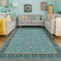 Regine Switzerland Washable Teal Rug - Modern Floral Low-Pile Non-Skid Carpet | 5x8 Size for Living Room & Bedroom