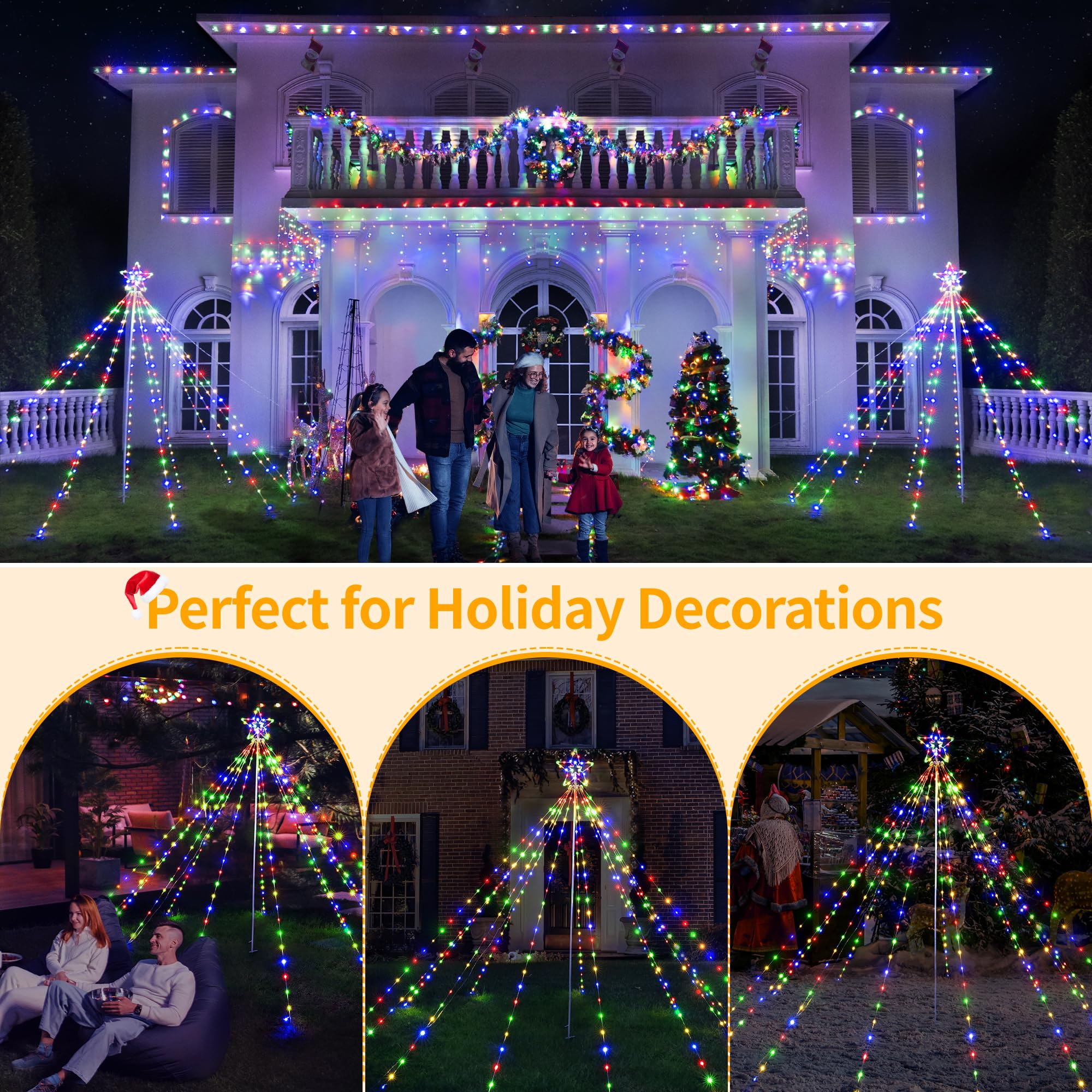 Ollny Christmas Lights Tree 340LED with Topper Star, IP67 Waterproof Remote Control Waterfall Lights with Pole, 16 Modes 3 Timers Dimmable Christmas Decorations Outdoor Yard Garden Lawn Multicolored