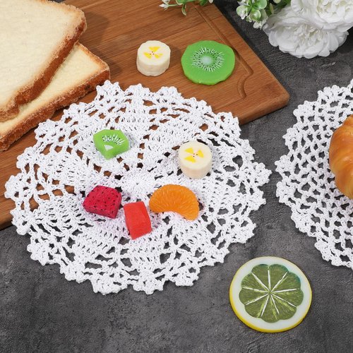 5 PCS Lace Doilies, Dollies for Tables, Crochet Doilies-Handmade Crochet Cotton Lace Doilies, Round Vintage Placemats, 7 to 14 Inch Beige Table Decor for Kitchen Dining Wedding Party