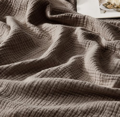 WDCOZY 100% Cotton Muslin Blanket Queen Size 4-Layer for Bed Breathable Lightweight Soft Large Boho Farmhouse Linen Tassels Ruffle Gauze Blankets 90x90 Inches Brown Mocha Chocolate Coffee Taupe