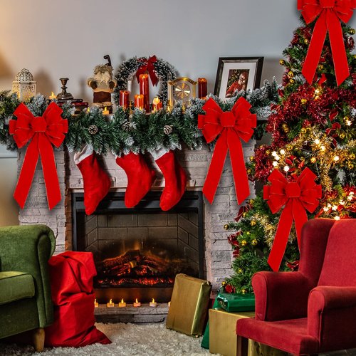 Yuubin 6 Pcs Red Christmas Bows Outdoor Decorations,12”x20” Large Velvet Wreath Bow with Glitter String Gold Edge for Xmas Tree Topper Home Front Door Decor