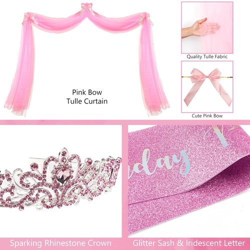 Princess Birthday Party Decorations, Pastel Floral Castle Party Supplies with Pink & Gold Balloon Arch Tulle Curtain Backdrop Banner Sash Crown Tablecloth Cake Topper for Girls Princess Party Decor