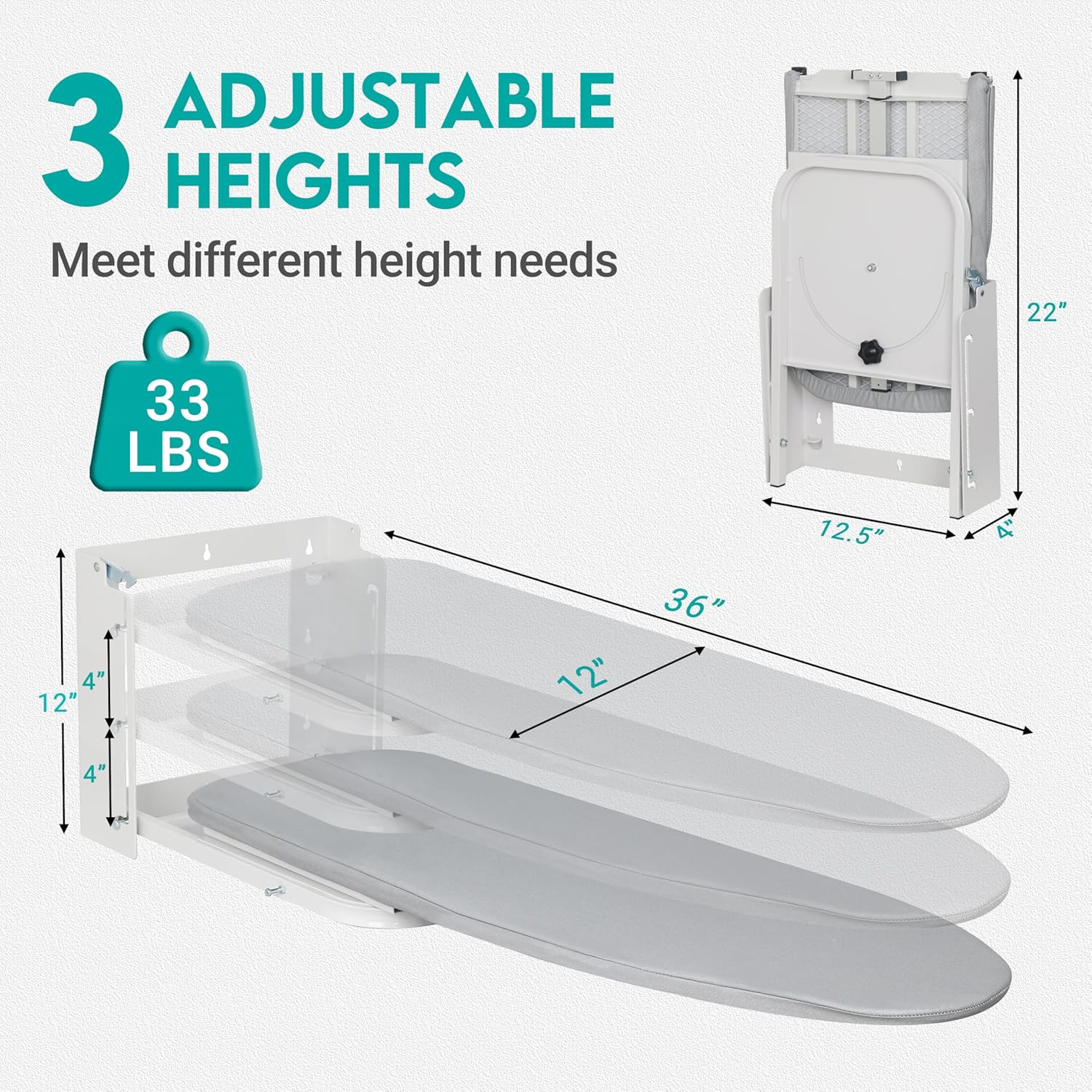 Zoes Homeware Wall Mounted Ironing Board - 180° Rotation, Space-Saving Design, 36" x 12", Silver