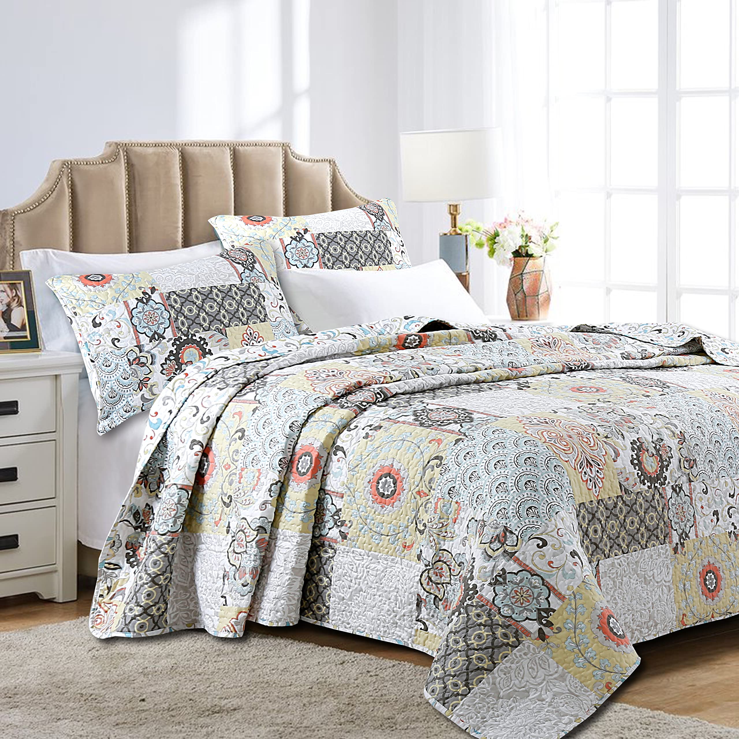 Cozy Line Home Fashions Moorea Floral Gray Yellow Coral Aqua Blue Patchwork Microfiber Reversible Bedding Quilt Set, Coverlet, Bedspread (Fleur-de-lis, King - 3 Piece)
