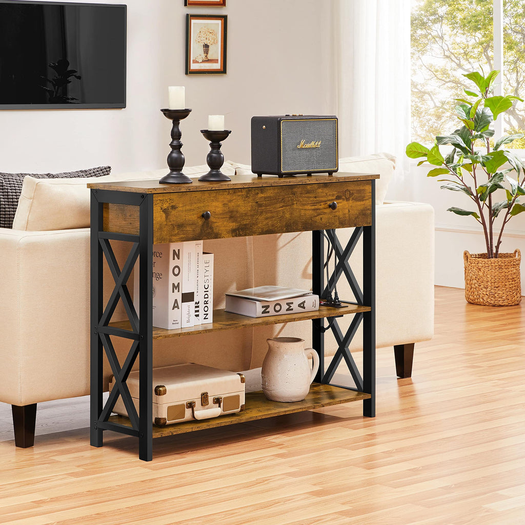 Yaheetech Console Table with 2 Outlets and 2 USB Ports, Industrial Entryway Table with Drawer and Storage Shelves, Narrow Sofa Tables with Metal Frame for Living Room, Hallway, Rustic Brown