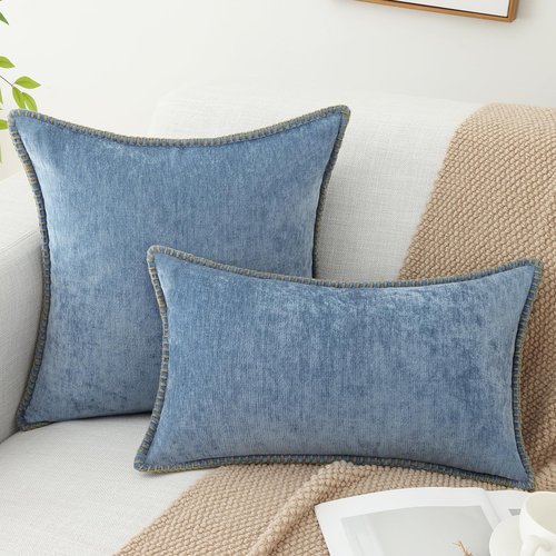 decorUhome Spring Chenille Soft Cozy Throw Pillow Covers 18x18 Set of 2, Modern Farmhouse Boho Velvet Decorative Pillow Cases with Stitched Edge for Couch Sofa Bed Home Decor, Blue