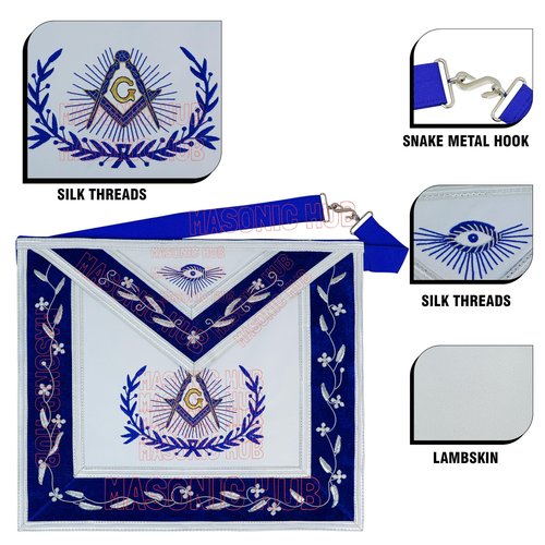 Master Mason with Embroidered Border Masonic 100% Lambskin Apron [Blue & White]