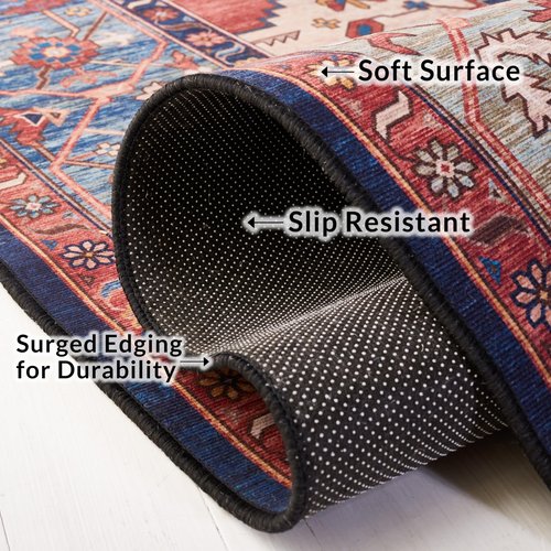 SAFAVIEH Washable Rug Tucson Collection - 4' Square, Rust & Blue, Slip Resistant & Easy to Clean, Ideal for Foyer, Kitchen, Nursery, Office, Bedroom (TSN153P)