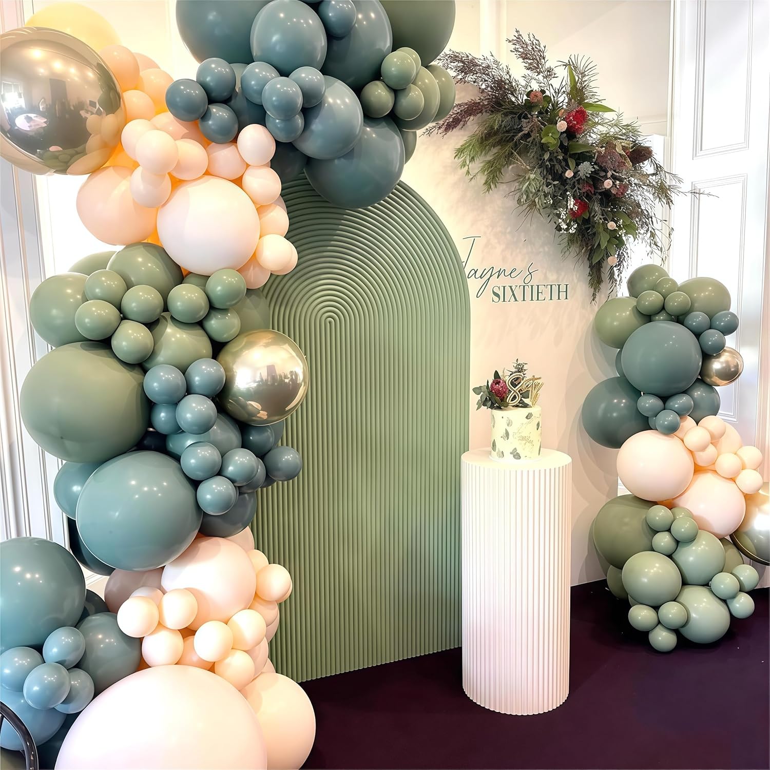 Skiennix Balloon Garland Kit - 107 PCS Dusty Sage Green & Gold Arch for Boho Birthday & Wedding Decor