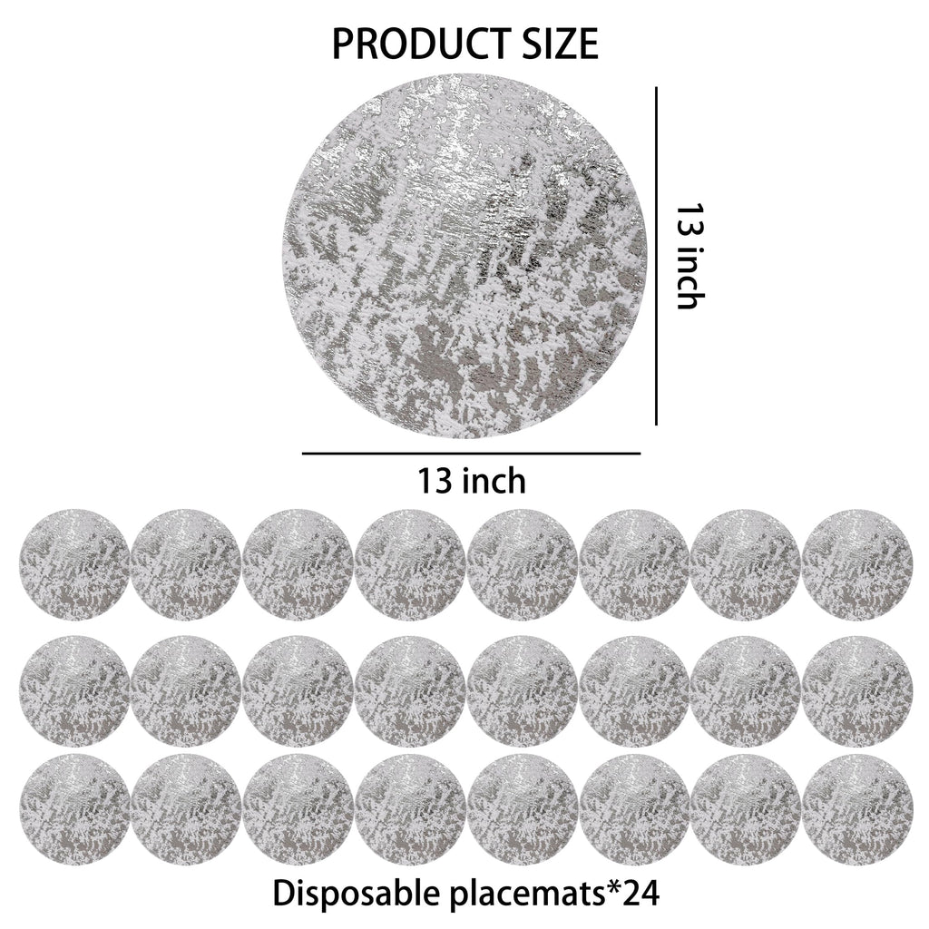 Snowkingdom Silver Disposable Placemats Set of 24 Foil Mesh 13 Inch Round Pressed Table Mates 24 Pack Silver Doilies for Dining Table Wedding Birthday Party Holiday Home Decoration