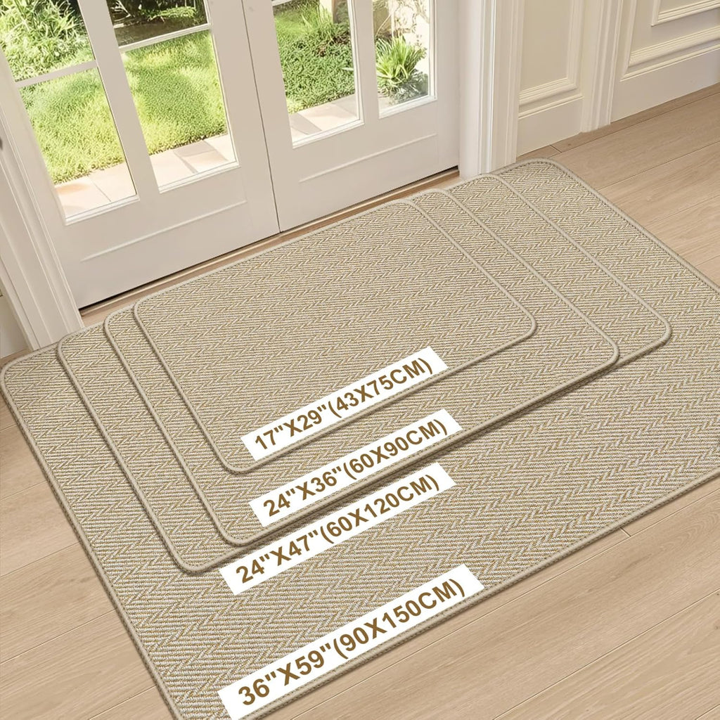 Skiennix Ultra Thin Indoor Door Mat - Non-Slip Rubber Backing | Unique Herringbone Design, 17"x29", Beige