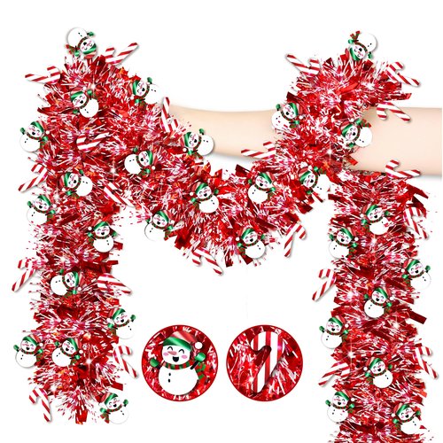 50 Ft Christmas Tinsel Garland Christmas Decorations with Snowman Candy Cane Red Metallic Christmas Garlands for Tree Decor Indoor Outdoor Christmas Party Decorations Home Mantle Fireplace