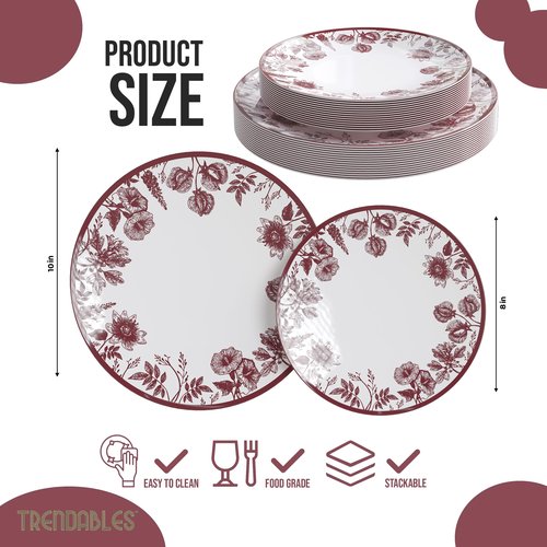 Trendables Disposable Plates For Party Supplies | Burgundy Floral Plastic Plates For Wedding 80 Pcs - 40 X 8 & 40 X 10 Dinner Plate Sets | Floral Plate Set Disposable Plastic Dinnerware Sets