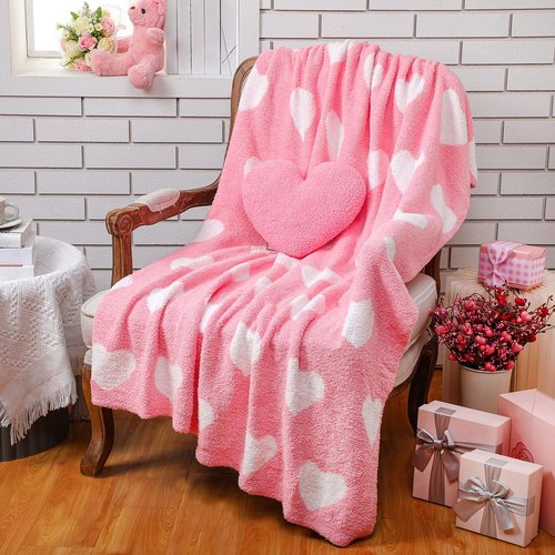 FuWeave Heart Pillow Blanket and Pillow Set Include 50 x 60 Inch Double Sided Pink Flannel Blanket and Heart Shaped Plush Throw Pillows for Home Living Room Bed Couch Sofa Decor Lover Gifts