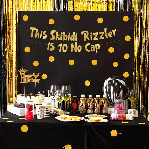 Pre-Strung This Skibidi Rizzler is 10 No Cap Gold Glitter Banner - Funny 10th Birthday Decorations for Boys and Girls - Birthday Party Supplies and Gifts