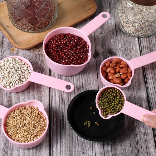 11Pcs Measuring Cups Pink Plastic Measuring Cup and Spoons, 5 Cups & 6 Spoons Set Kitchen Cup and Spoon Essentials Gadgets for Cooking & Baking Color Pink