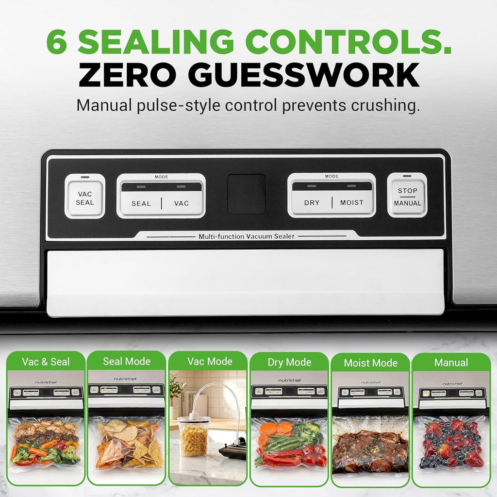 NutriChef Vacuum Sealer Machine - 80kPa Food Sealer with Cutter & Storage | Includes 1 Bag Roll & 5 Vacuum Bags for Freshness