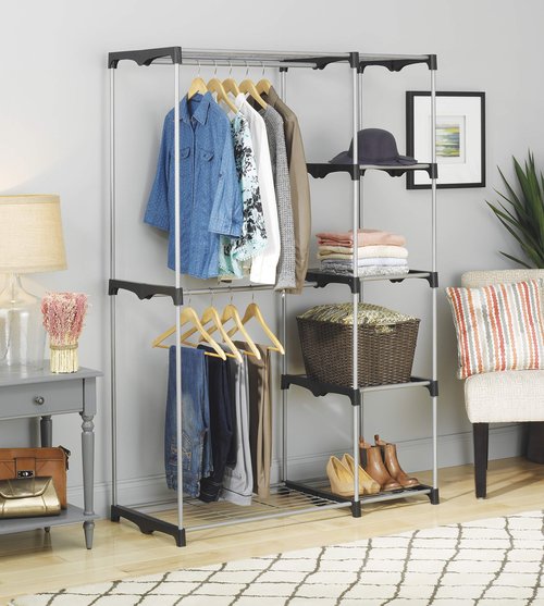 Whitmor Double Rod Freestanding Closet Organizer, Silver