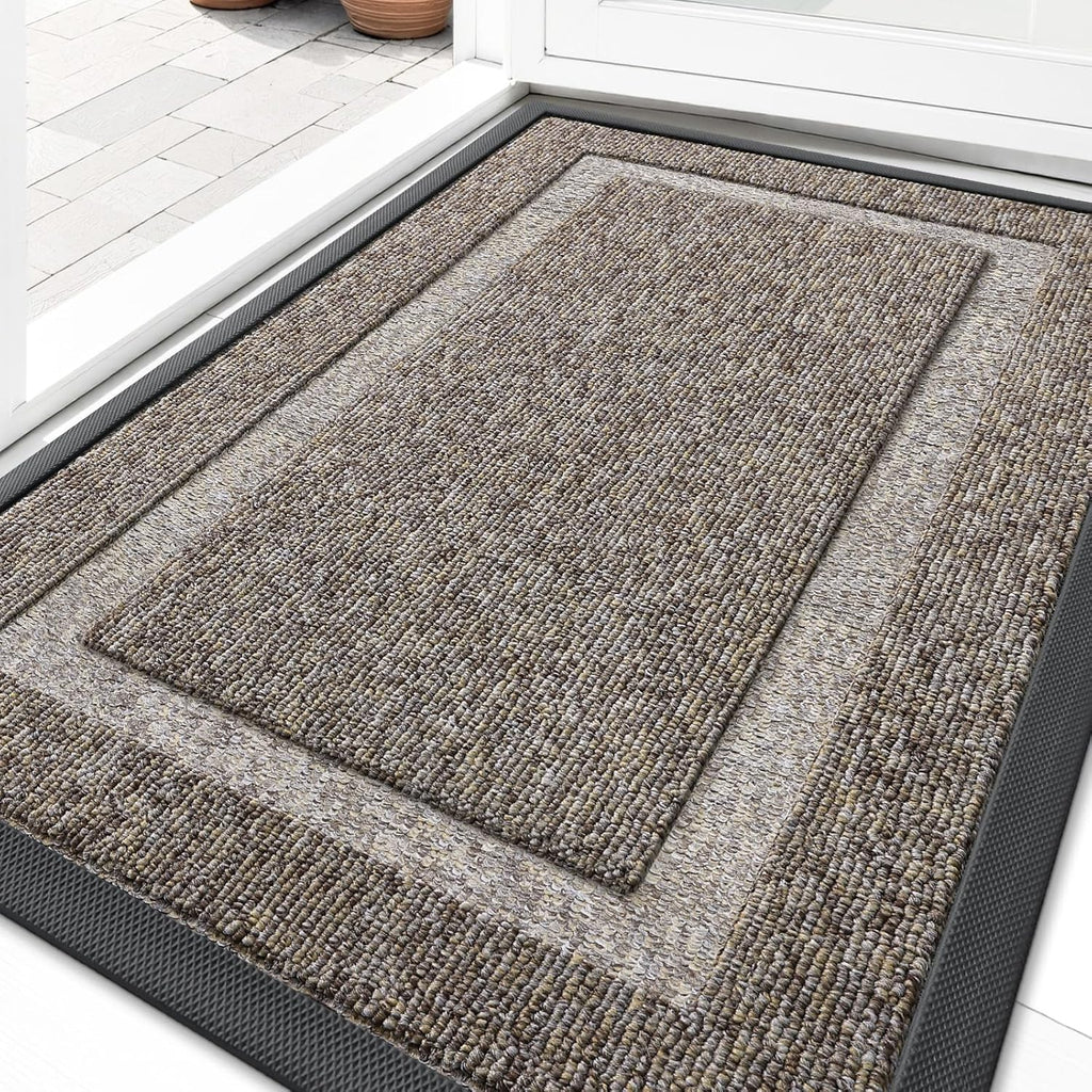 OLANLY Waterproof All-Season Front Door Mat - Sturdy Natural Rubber, Easy Clean | 29.5x17, Khaki & White