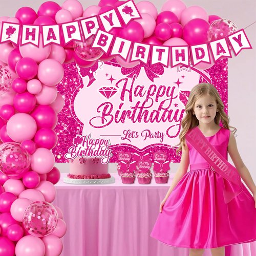 Pink Birthday Party Decorations for girls,Birthday Banner,Pink Backdrop,Hot Pink Balloons Party Decorations