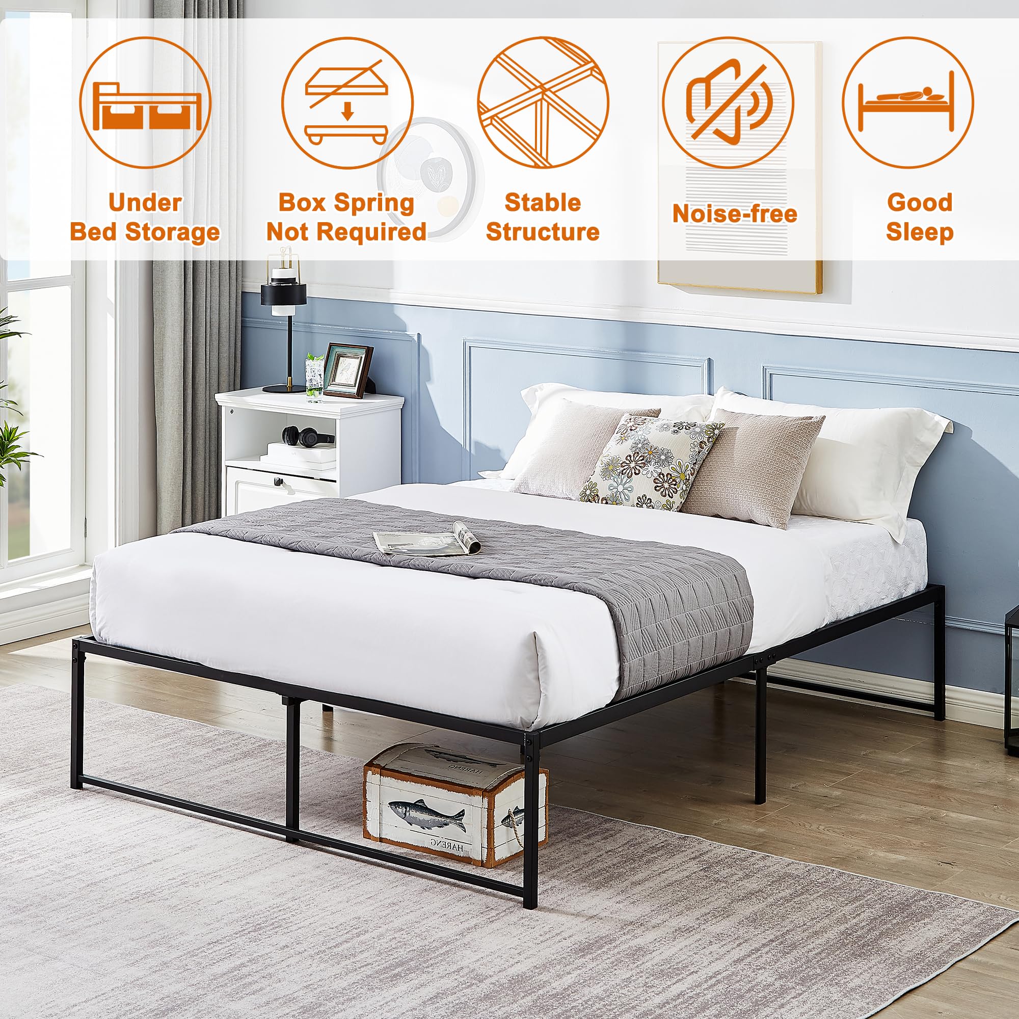 VECELO Full Size Metal Platform Bed Frame No Box Spring Needed 14 Inch Heavy Duty,Matte Black
