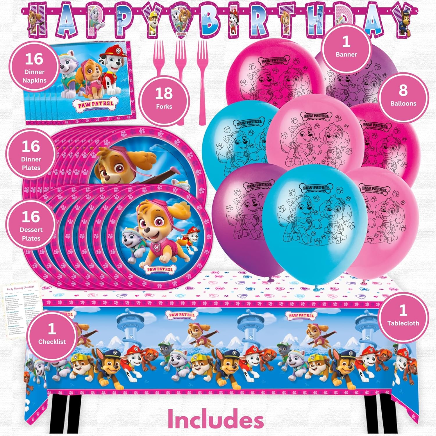 Skye Paw Patrol Birthday Decorations - Complete Party Set for 16 with Plates, Napkins, Banner & More