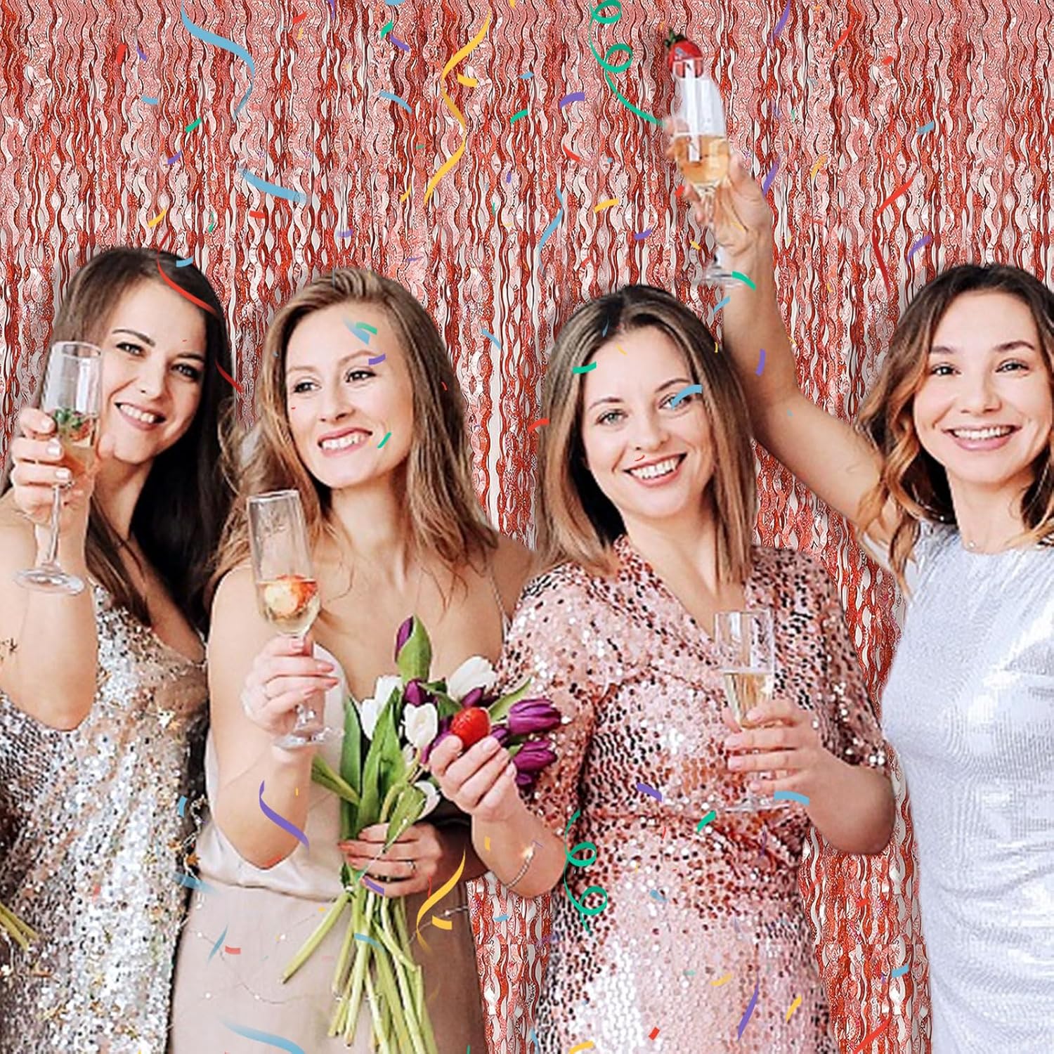 Rose Gold Tinsel Foil Fringe Curtains - Wavy Backdrop for Parties & Events | Photo Booth Decor
