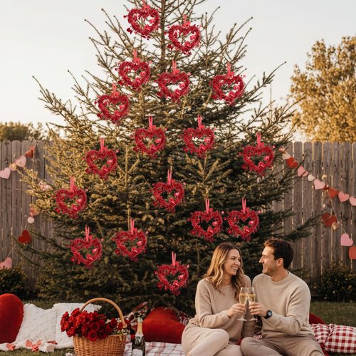 Lyrow 12 Pcs Red Valentine Heart Tree Ornaments Valentine Heart Wreaths Tinsel Hanging Love Decorations Romantic Tree Ornaments for Wedding Window Home Wall