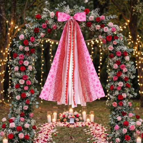 NUVCELKA Valentine's Day Wreath Sash for Door, Large Bow Decoration with Metal Clip, 9 Ribbon Swag for Wreath, Front Entry, Fireplace, Fence - Pink Red Love Heart Bow Valentine Decor