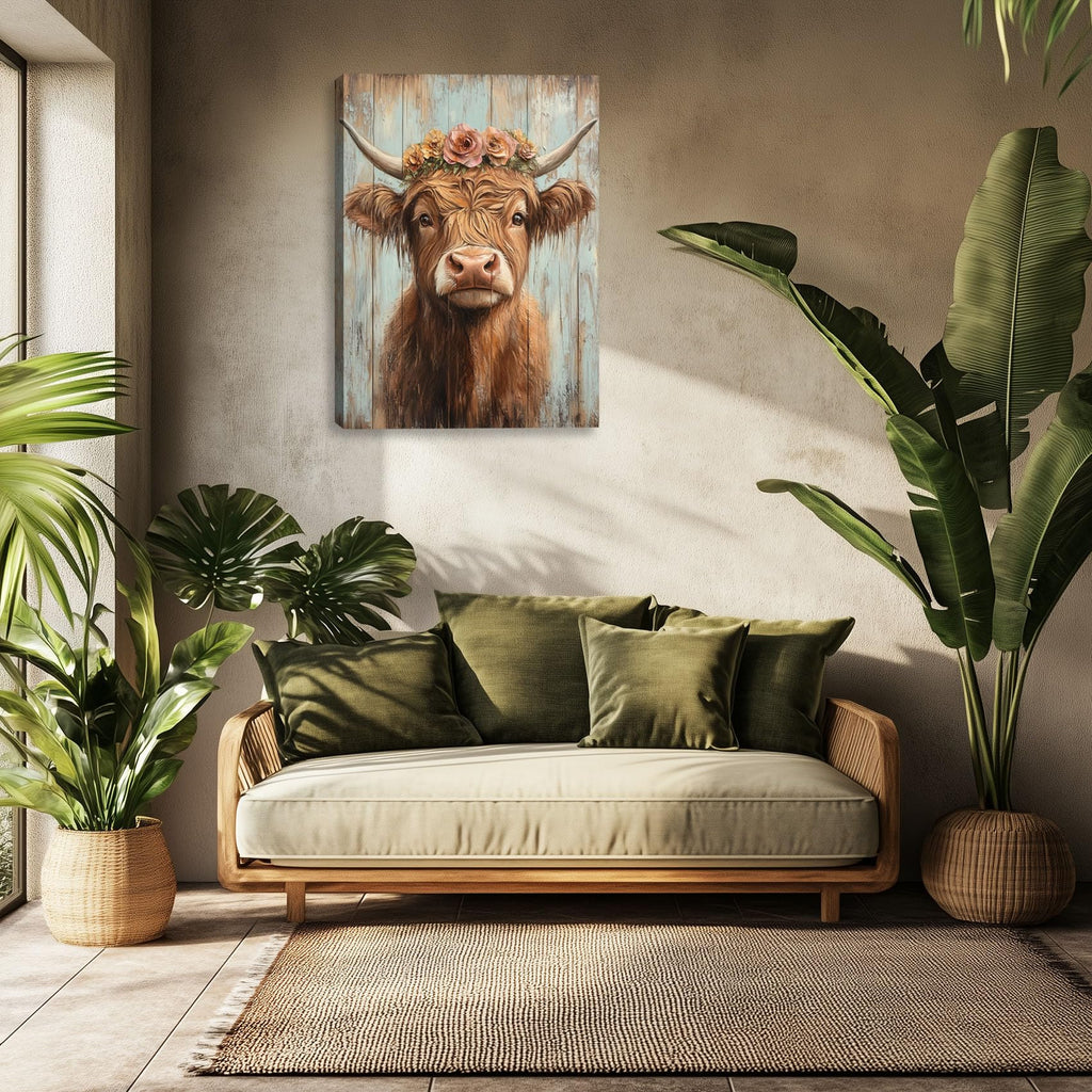 Highland Cow Canvas Wall Art for Living Room Rustic Farmhouse Picture Animal Print Painting Highland Cattle Flower Wall Decor Framed Artwork for Bedroom Office 24L x 18W