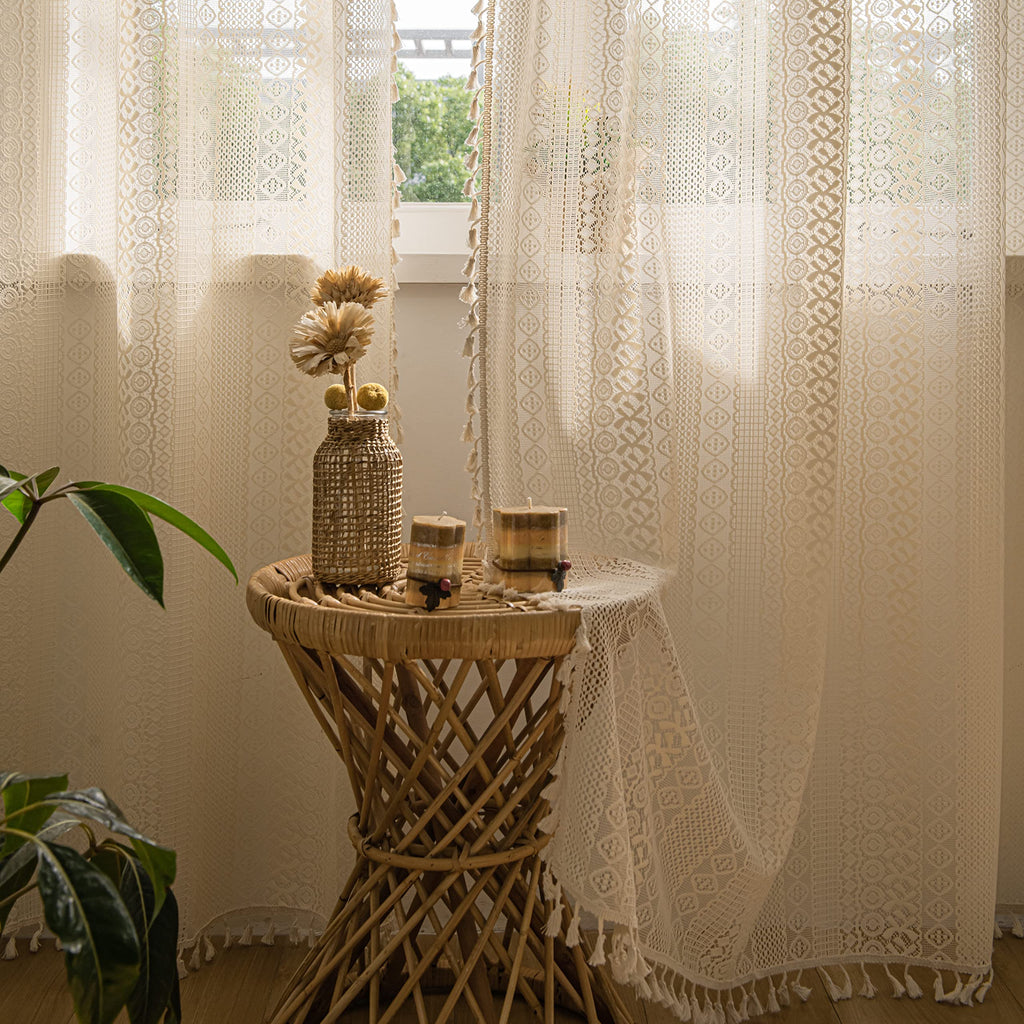 Sutuo Home Boho Curtains 84 Inches Length for Bedroom, Window Treatments Bohemian Sheer Crochet Lace Vintage Drapes Pair, Beige Geometry Knitted with Handmade Tassels Rod Pocket, 52" x 84"，2 Panels