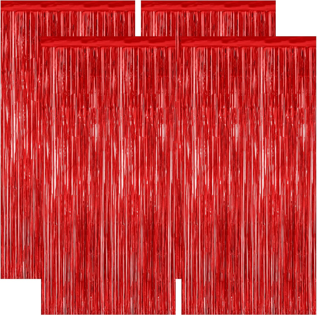 Skiennix Red Backdrop - 4 Pack Metallic Tinsel Curtains for Valentine's Day | 3.28 FT x 7.05 FT Party Decor