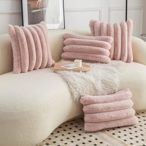 Neelvin Pink Faux Fur Throw Pillow Covers - Cozy Striped Velvet Cushion Cases | 18x18 Inch Set of 2