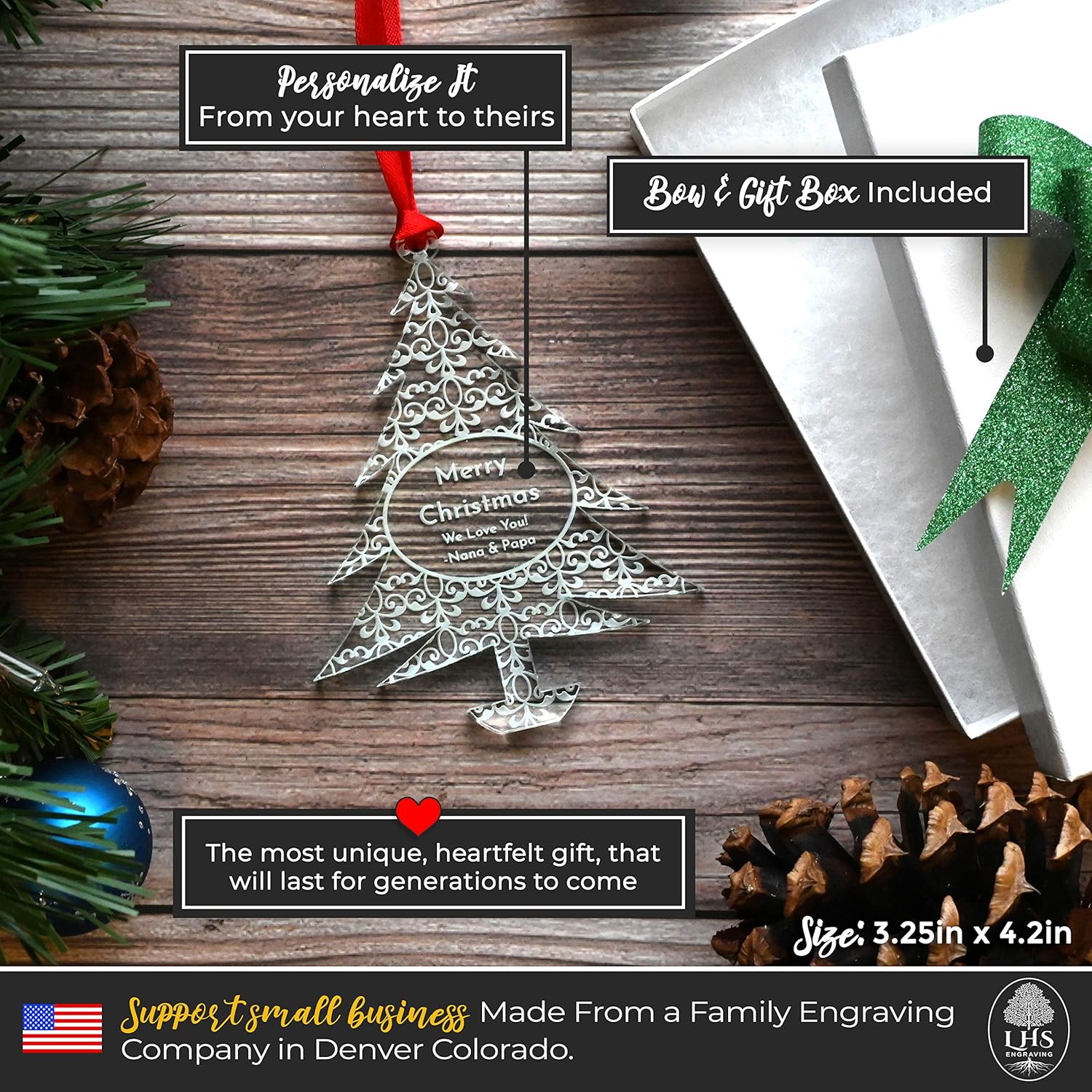 Personalized Christmas Ornaments 2025 - Unique Gift Box for Engagements, Weddings & Babies | Acrylic Lace Made in USA