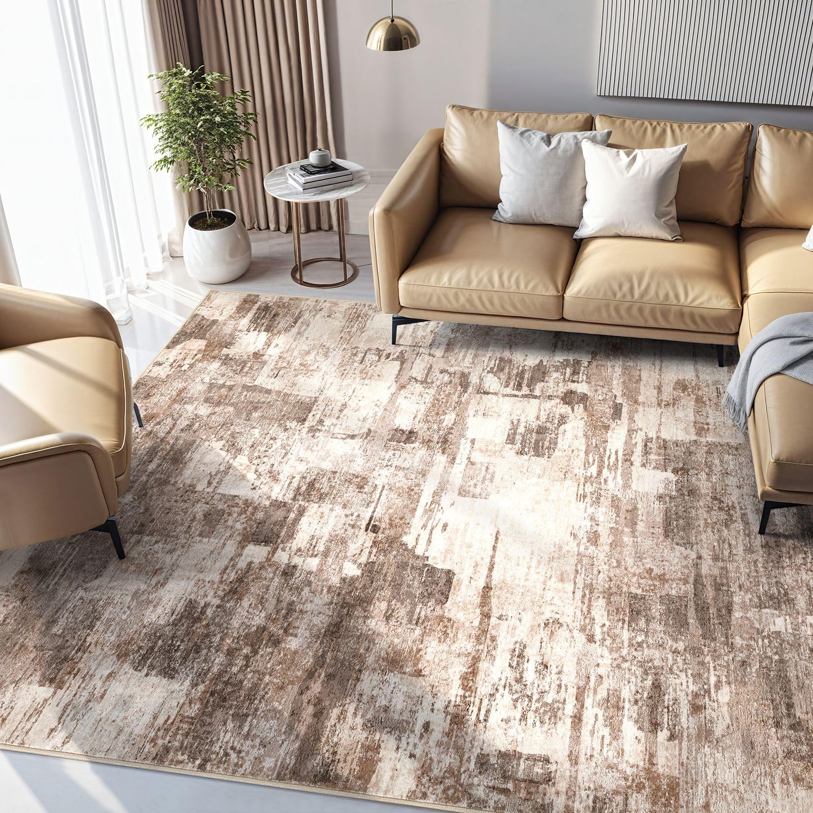 kakania 5x7 Washable Area Rug - Abstract Soft Non-Slip Modern Low-Pile Carpet for Living Room Bedroom Office Dorm, Kid Pet Safe Robot Vacuum Friendly - Brown