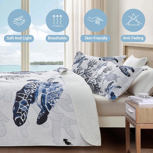 weesire Coastal Bedding California King Size Coastal Quilt with 2 Shams, Nautical Beach Comforter Sets Ocean Bedspreads Blue Seaturtle Coverlet Summer Bedding, 106''x118''