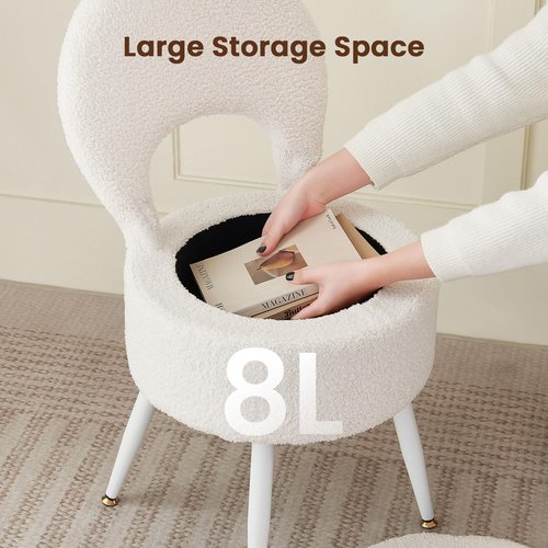 ZYKZYK Vanity Stool with Storage and Backrest, Folding Back & Velvet Seat, Footrest, Round Ottoman with Sherpa, Vanity Chair with Storage, Ideal for Bedroom, Living Room, and Makeup Stations