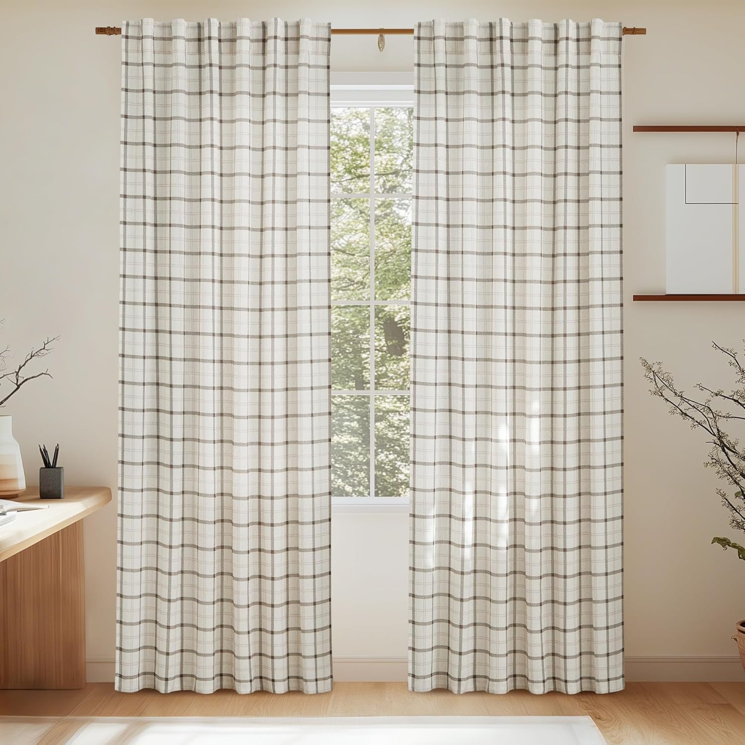 NICETOWN Plaid Window Curtain - 84-Inch Linen Sheer Drapes for Living Room & Bedroom | 52" x 84", White, 1 Pair