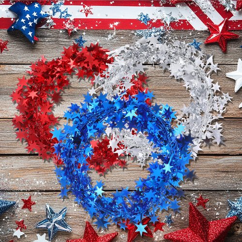 Shappy 6 Rolls Patriotic Garlands Star Wire Tinsel (24.6 Feet Per Roll) Red White and Blue 4th of July Party Decorations Independence Day Memorial Outdoor Indoor for Wreath Making