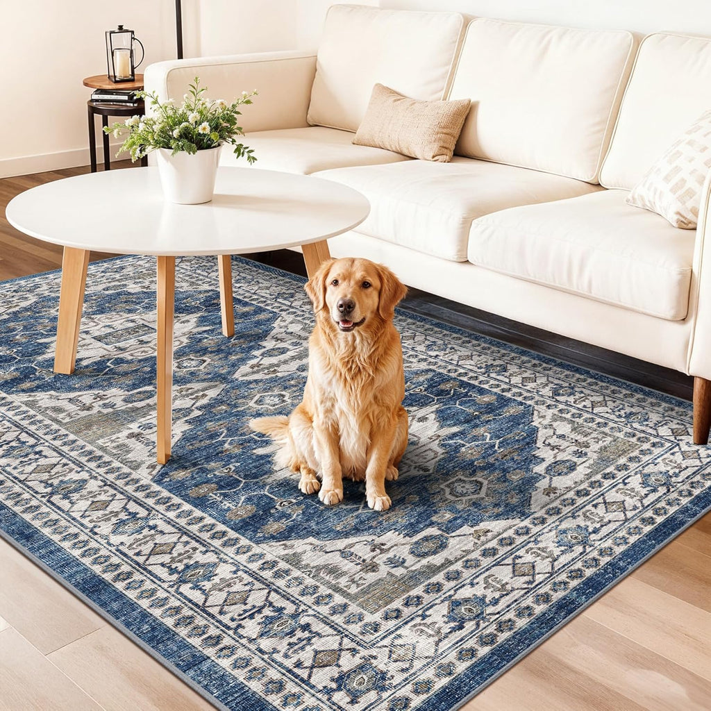 Skiennix Washable 4x8 Hallway Runner Rug - Vintage Soft Non-Slip Carpet for Entryway & Kitchen | Blue