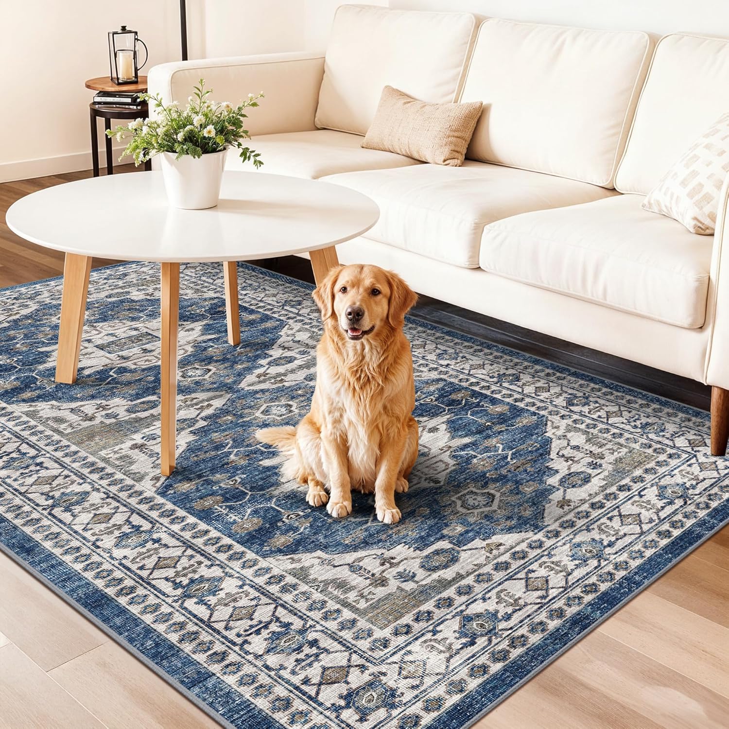 Skiennix Washable 4x8 Hallway Runner Rug - Vintage Soft Non-Slip Carpet for Entryway & Kitchen | Blue