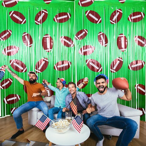2Pcs Football Background Party Decorations,3.3x6.6 ft Football Foil Fringe Curtain Streamers,Sports Themed Superbowl Birthday Party Supplie